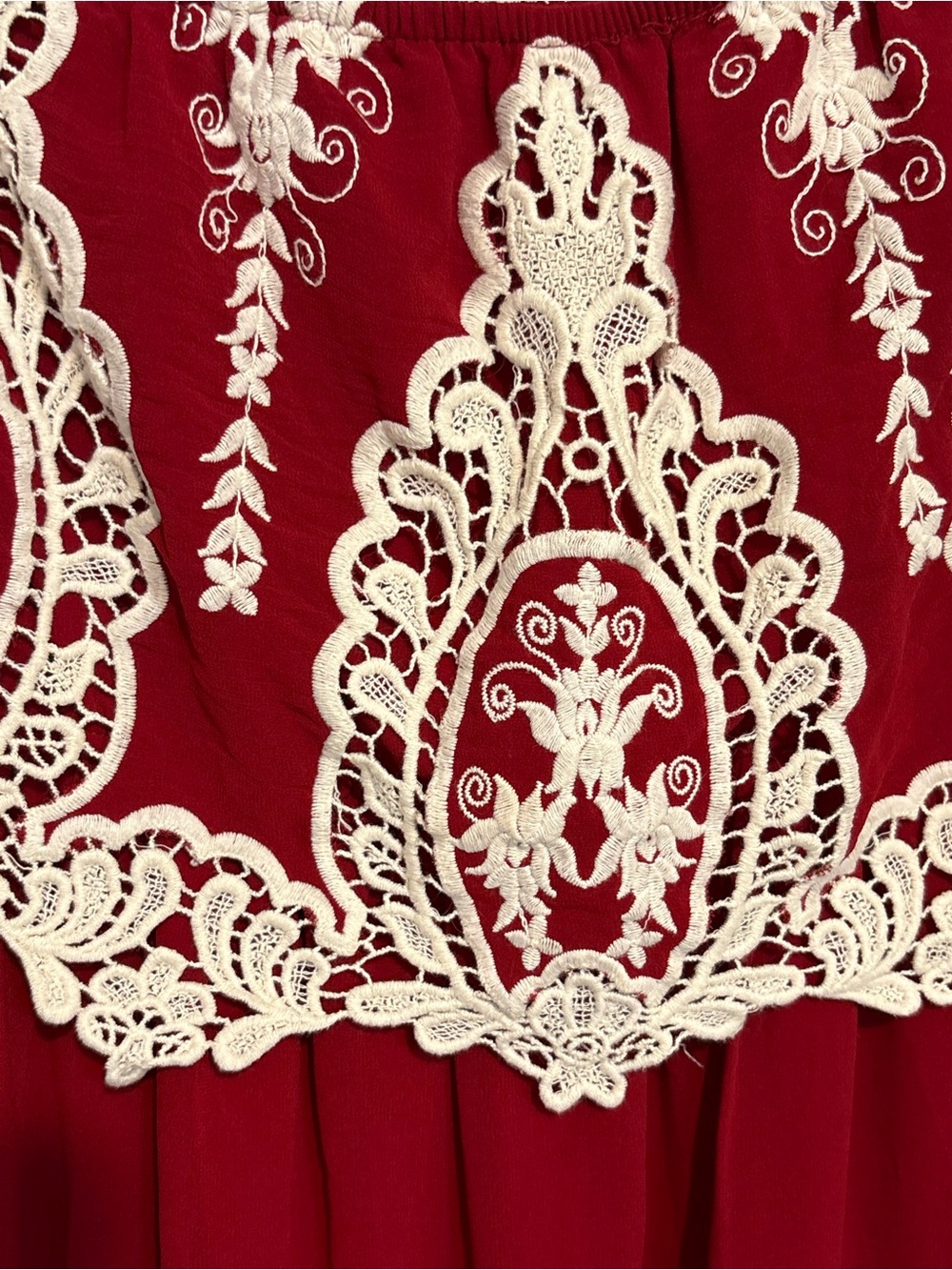 Hot & Delicious Women’s Medium Burgundy Red Embroidered Lace Boho Mini Dress - Picture 2 of 5